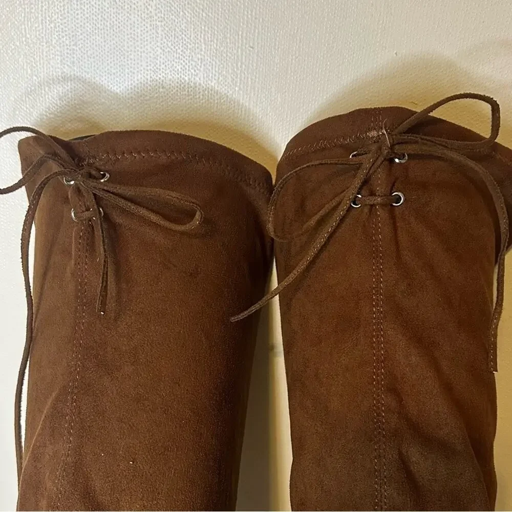 Wild Diva Over The Knee Boots Brown Block Heel Size 9 Women Suede Lace Back
